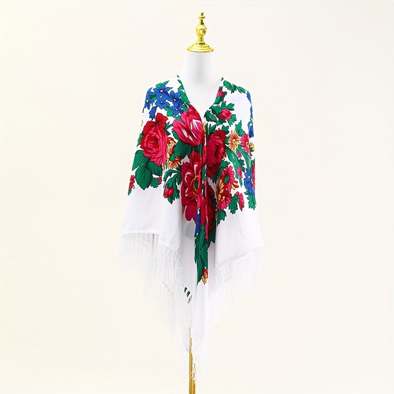 Boho Tassel Shawl Classic Flower Print Square Scarf Vintage Wraps for Women