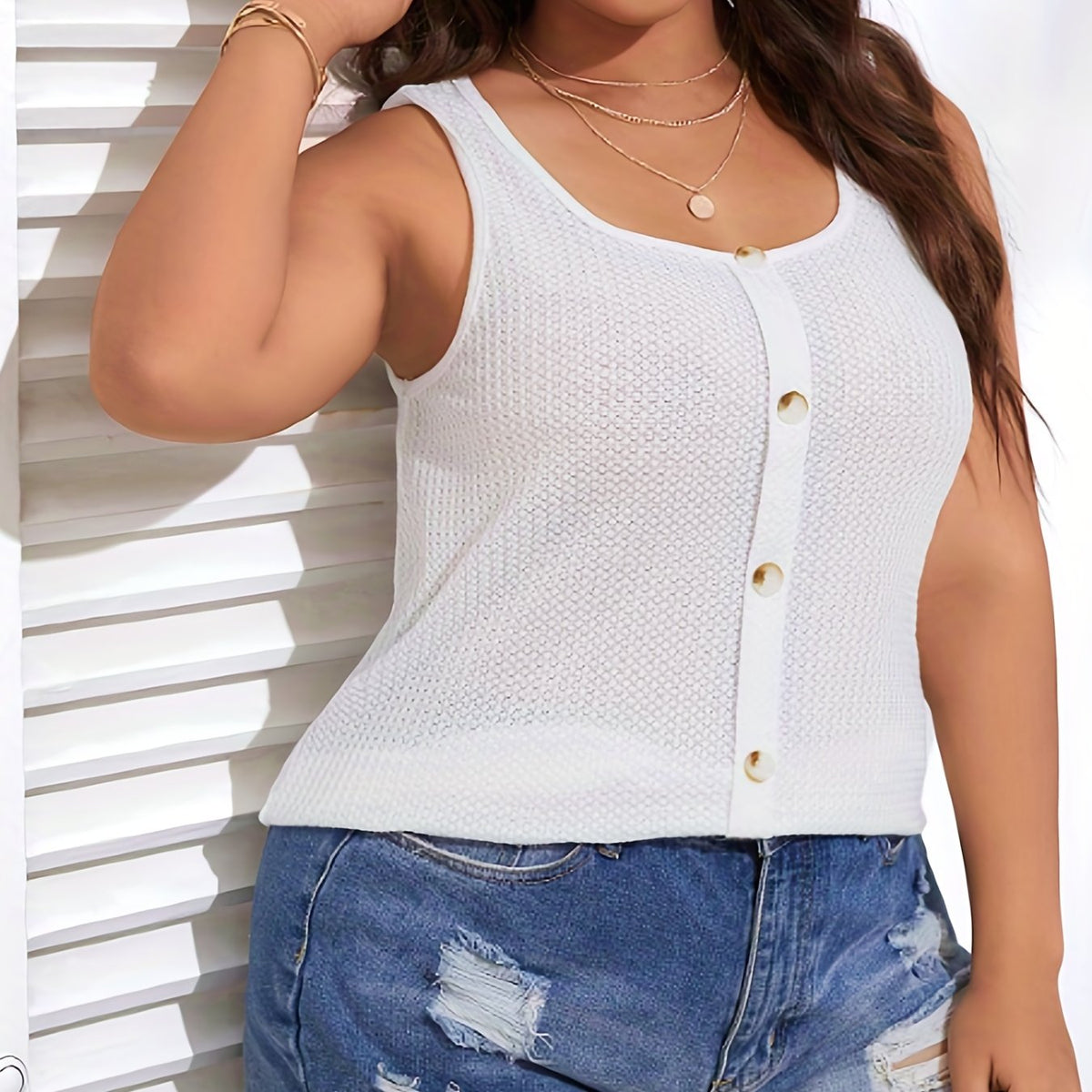  Casual Tank Top Round Neck Button Decor Semi Sheer Medium