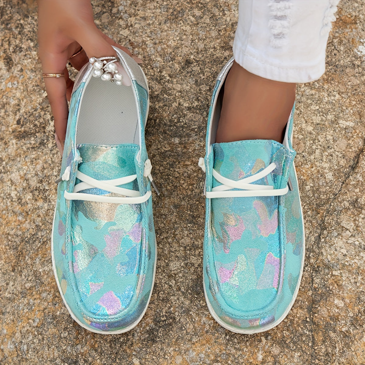 Women's Sequins Pattern Slip On Canvas Shoes Lightweight Round Toe Non Slip