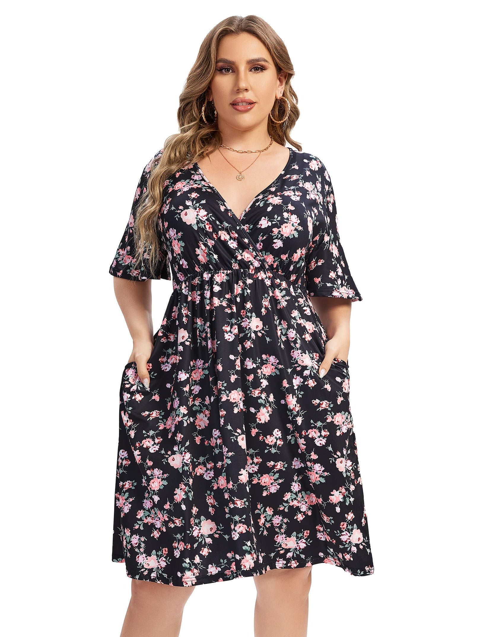  Floral Print V Neck Stretch Dress