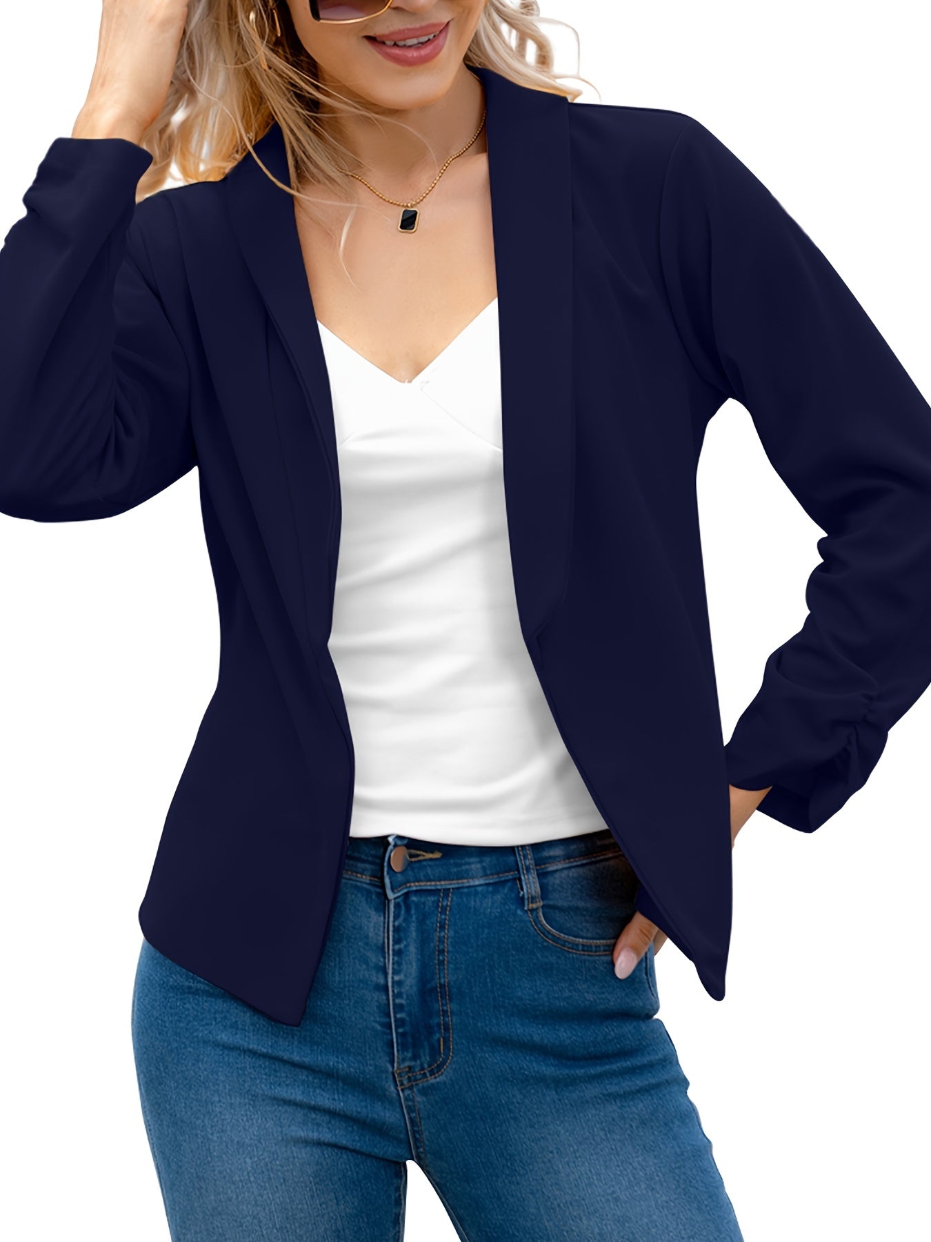 Long Sleeve Open Front Lapel Blazer & Stylish Tops For Office