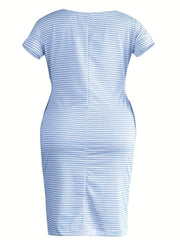  Casual Stripe Print Short Sleeve Dress with Pockets