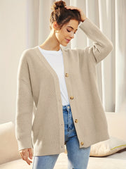  Solid Button Up Long Sleeve V Neck Cardigan