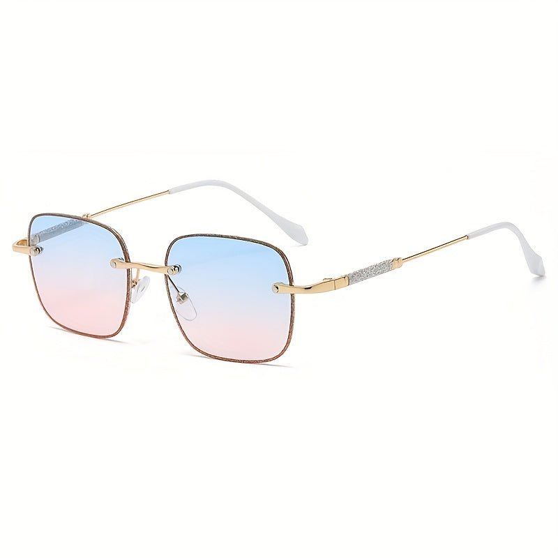 Glitter Rimless Sunglasses Women Tinted UV400 Sun Shades With Case