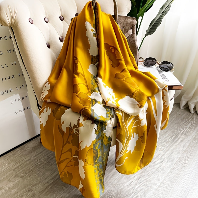 Golden Flower Print Satin Scarf Sunscreen Shawl Beach Head Wrap