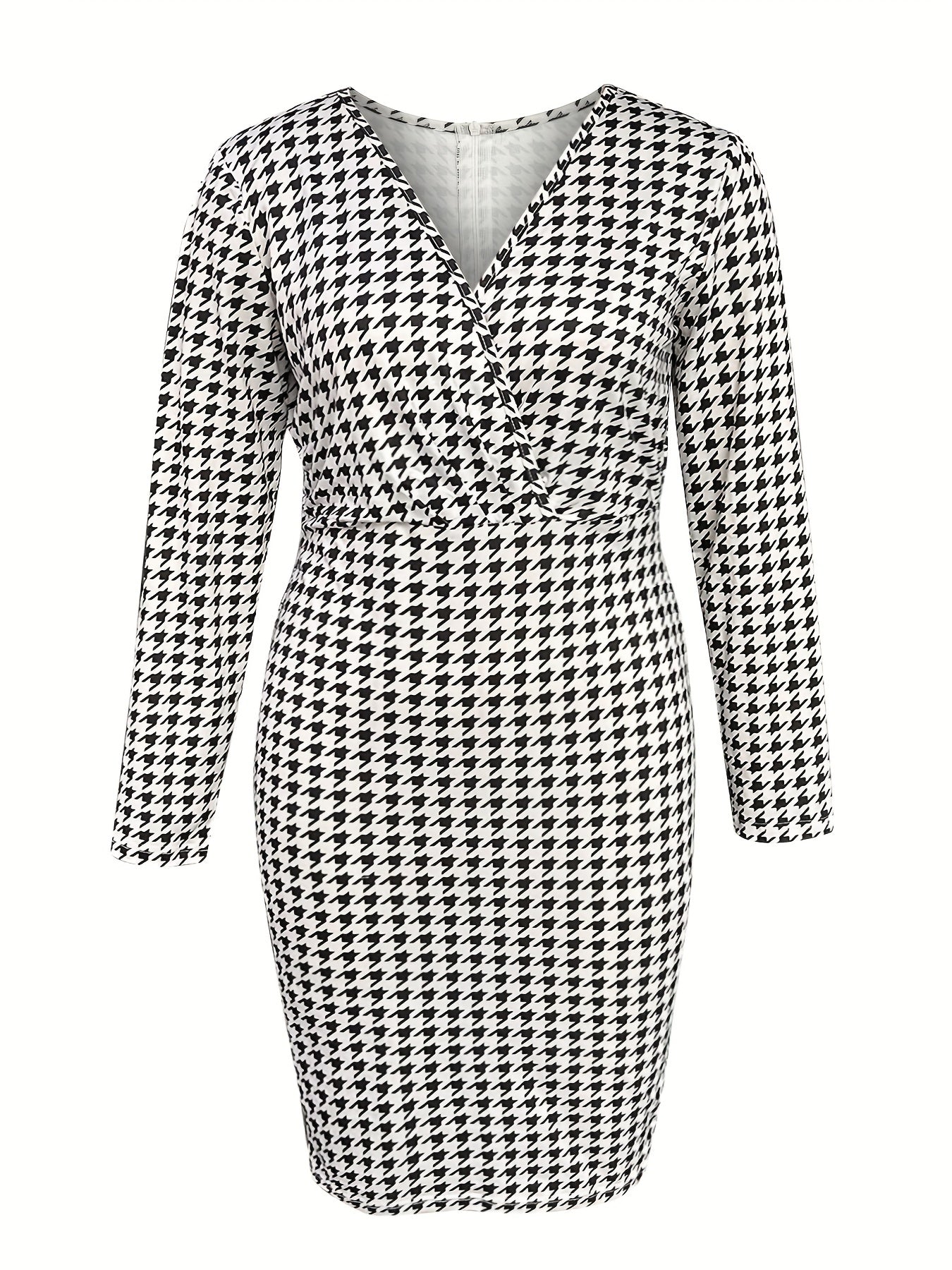 Women's Plus Houndstooth Print Long Sleeve Surplice Neck Dress