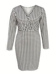 Women's Plus Houndstooth Print Long Sleeve Surplice Neck Dress