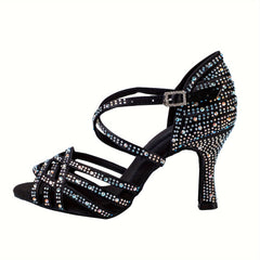 Latin Dance Shoes Cowhide Rhinestone Heeled Sandals
