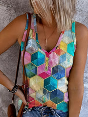  Colorful Geo Print V Neck Button Front Tank Top