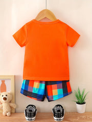 Preppy Kids Bear Graphic T-shirt & Plaid Shorts Set