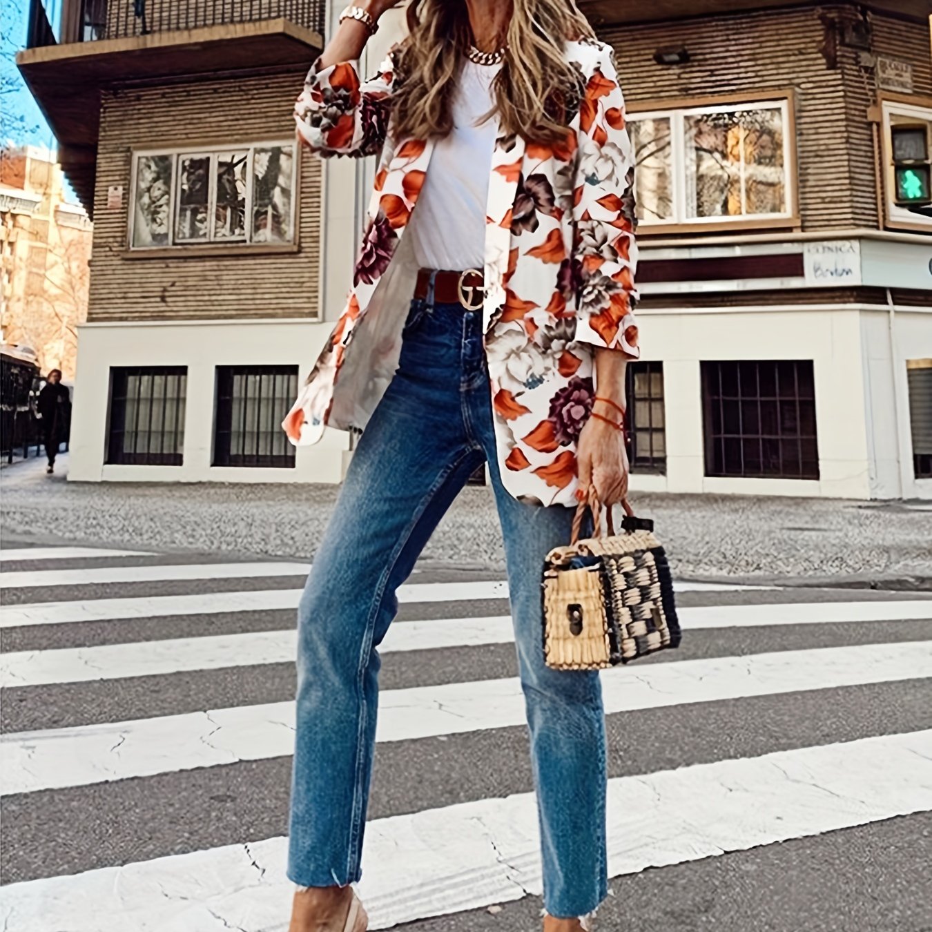 Floral Print Open Front Lapel Collar Blazer Casual Long Sleeve Blazer