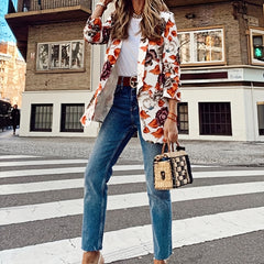 Floral Print Open Front Lapel Collar Blazer Casual Long Sleeve Blazer