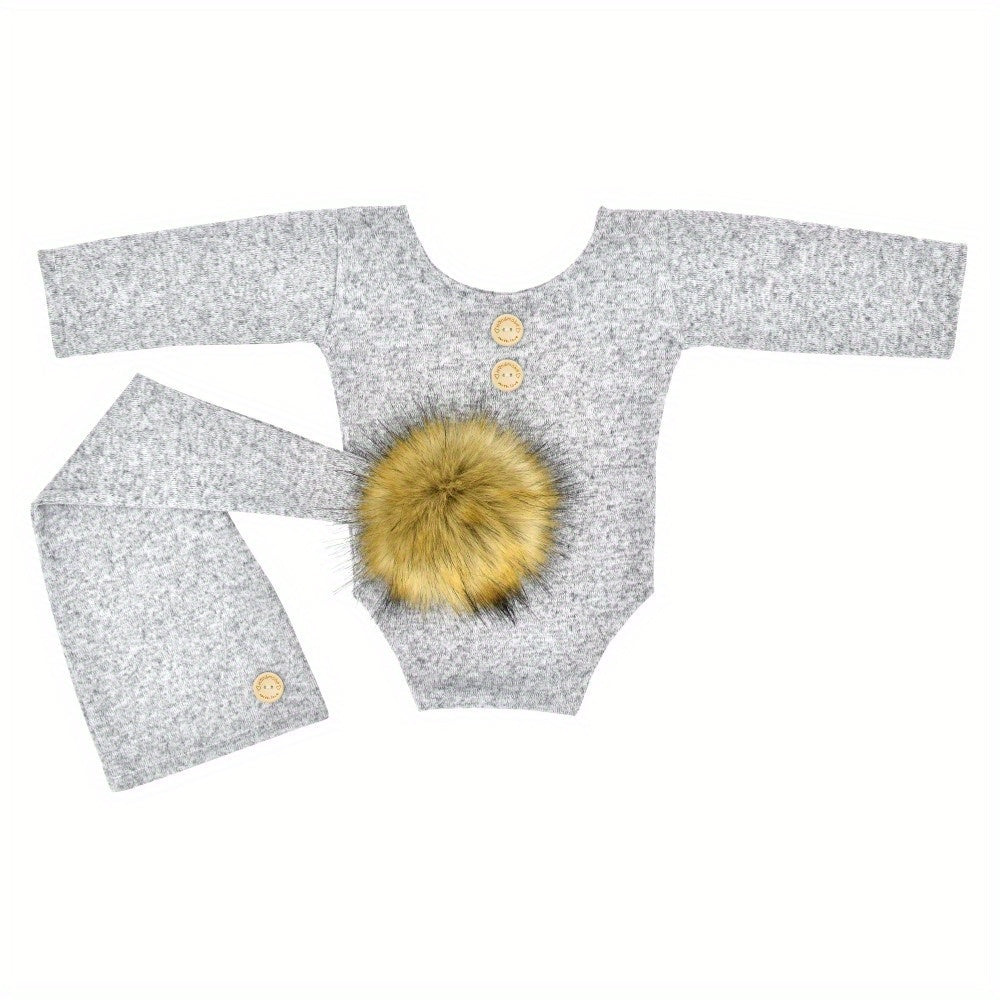 Newborn Baby Photo Props Suit with Fur Ball Long-tailed Cap