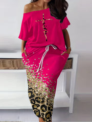  Women's Casual Two Piece Set Letter Print Top & Maxi Skirt