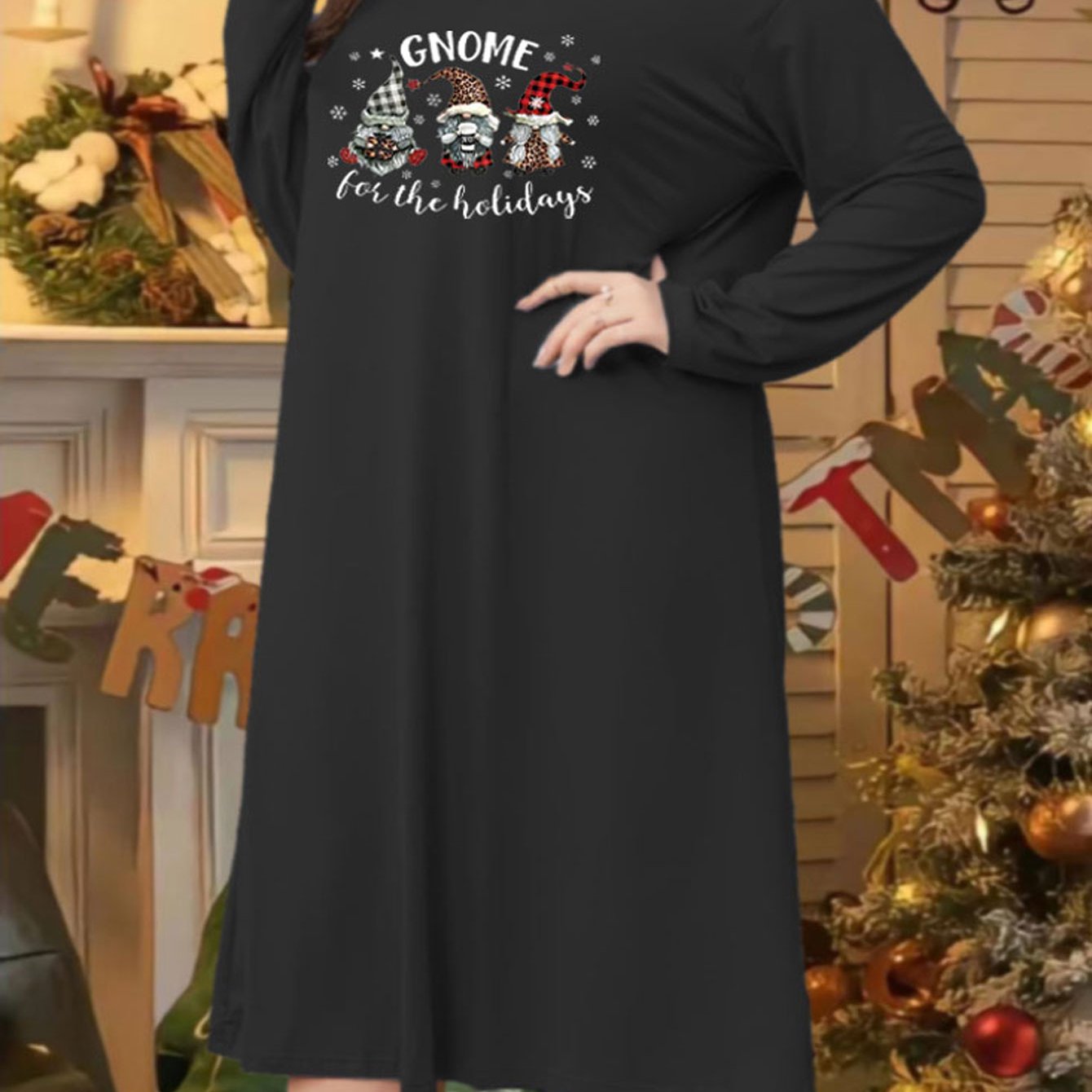  Snowflake & Gnomes Print Lounge Dress Round Neck Tee Sleep Dress