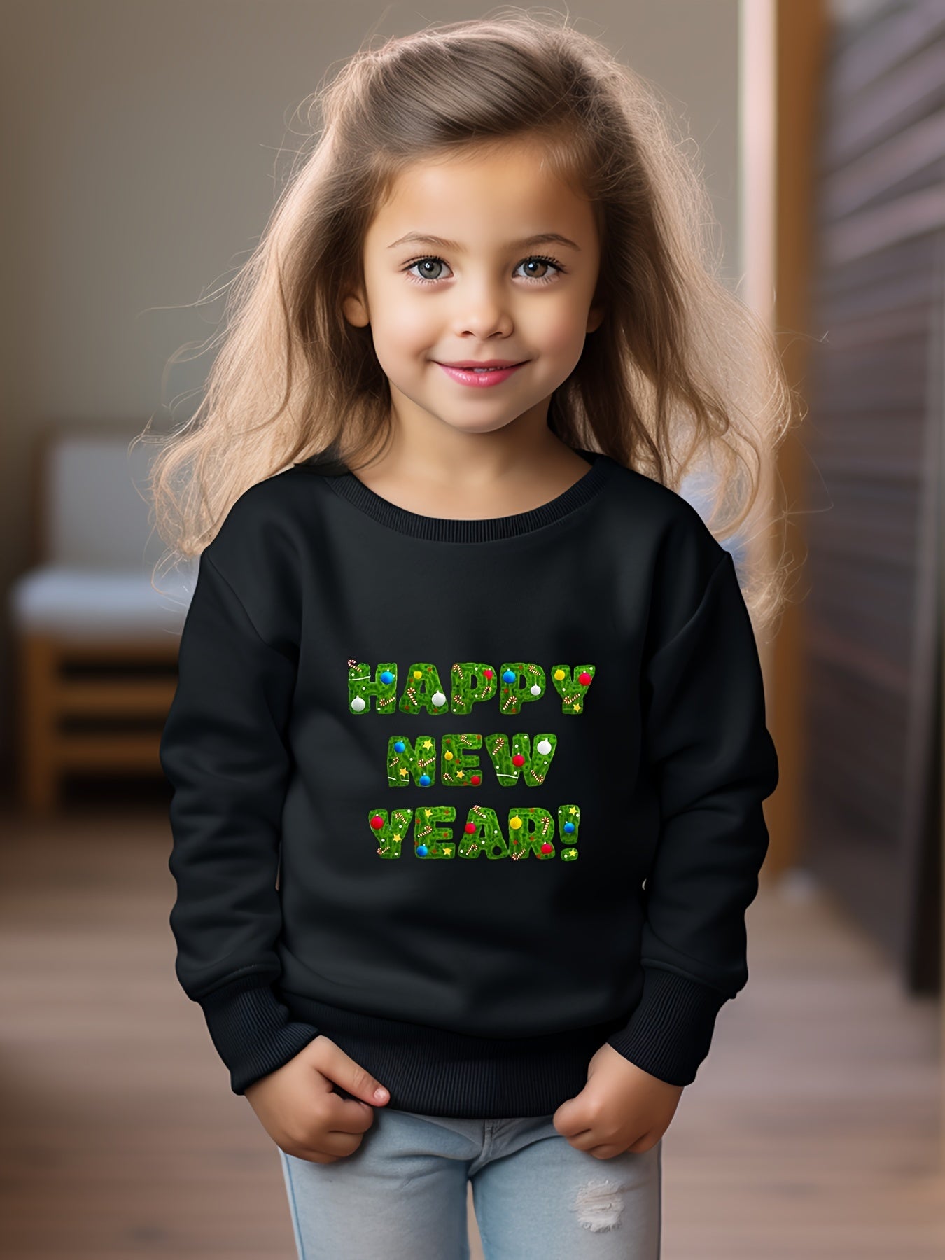 Girls Happy Year Pattern Crew Neck Sweatshirt Spring Fall Christmas