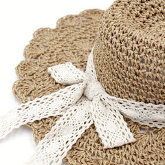 Lace Ribbon Bowknot Sun Hat Hollow Wide Brim Straw Hat Crochet Fedora Cap
