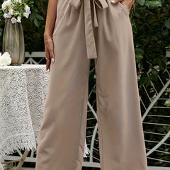 Solid Belted Wide Leg Pants Casual Paper Bag Waist Pocket Pants