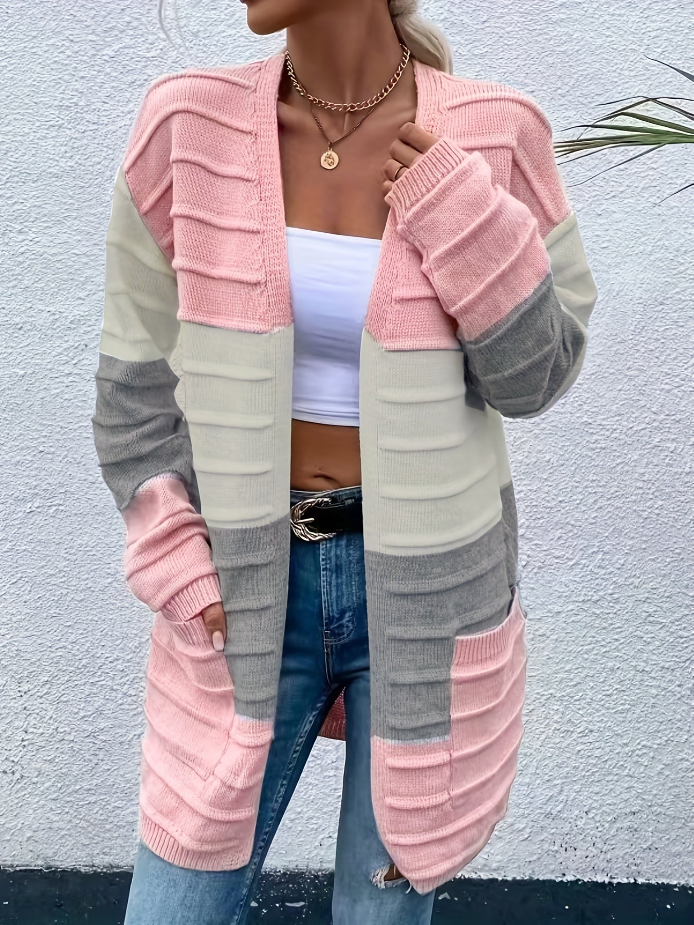  Colorblock Long Sleeve Open Front Cardigan With Pockets