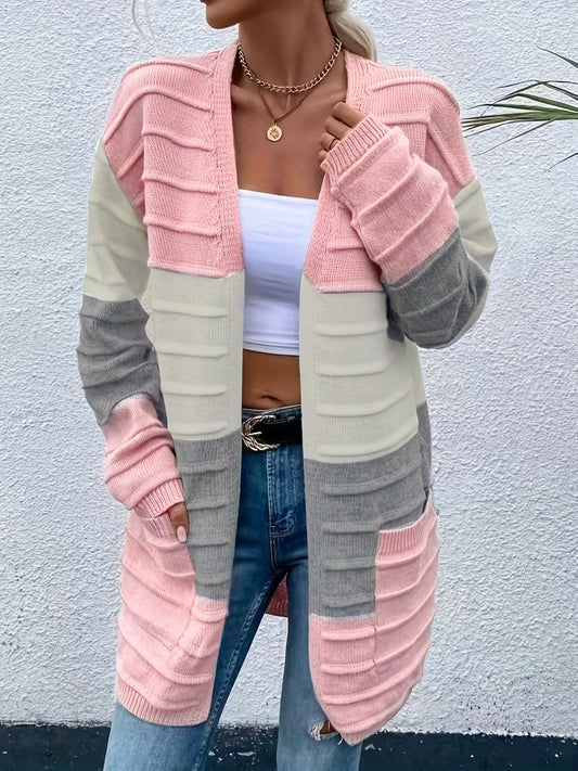  Colorblock Long Sleeve Open Front Cardigan With Pockets