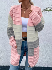  Colorblock Long Sleeve Open Front Cardigan With Pockets