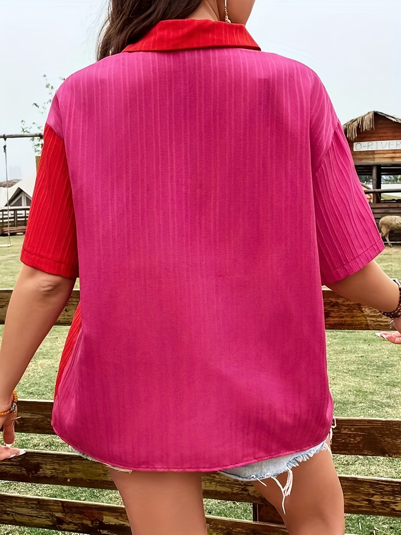  Colorblock Ribbed Short Sleeve Button Up Loose Fit Shirt