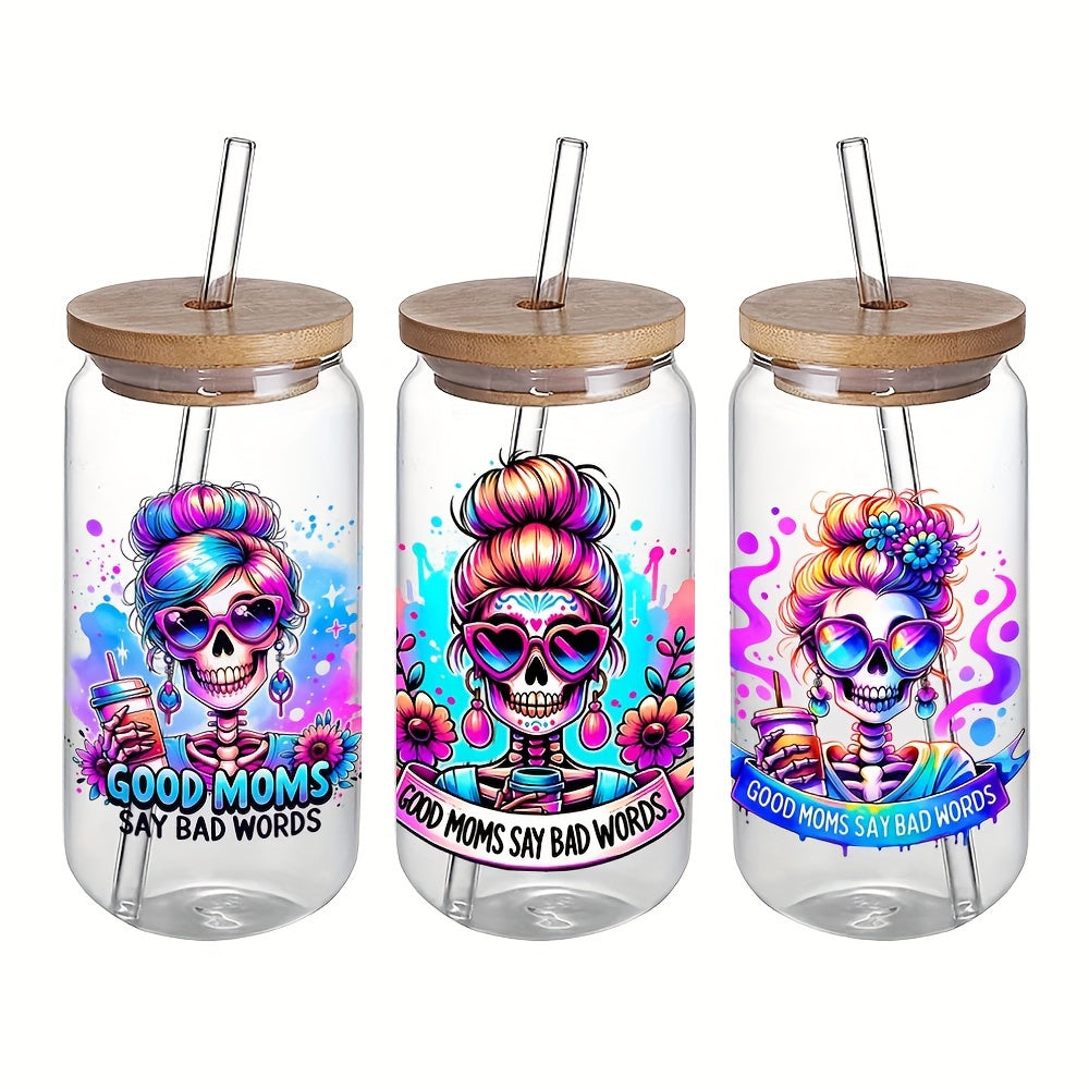 4Pcs Fun Skull Mom UV DTF Transfer DIY Decals for 16 Oz Mason Jar