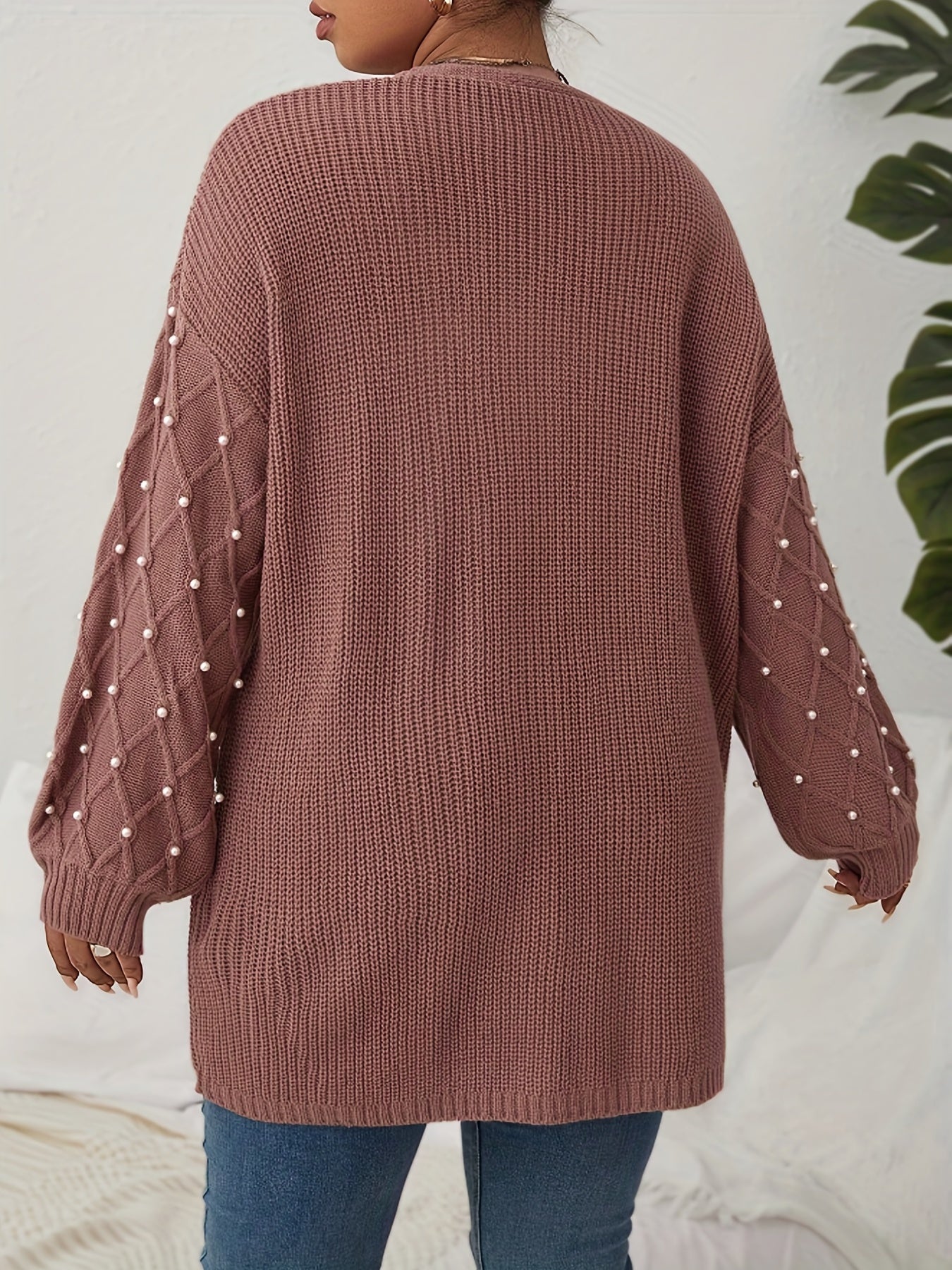  Solid Jacquard Faux Pearl Decor Lantern Sleeve Cardigan