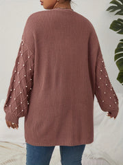  Solid Jacquard Faux Pearl Decor Lantern Sleeve Cardigan