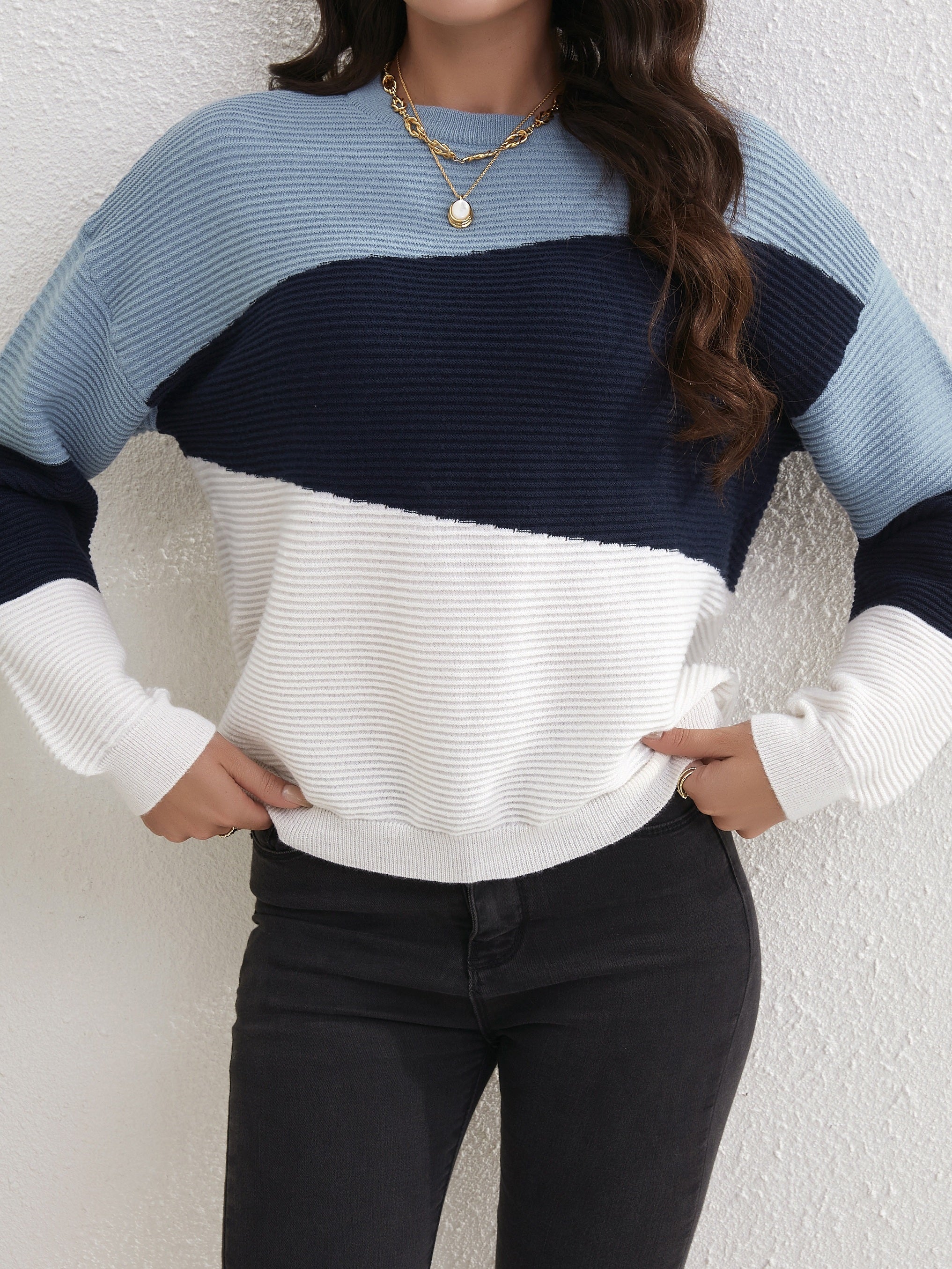 Block Pullover Sweater Long Sleeve Crew Neck Sweater