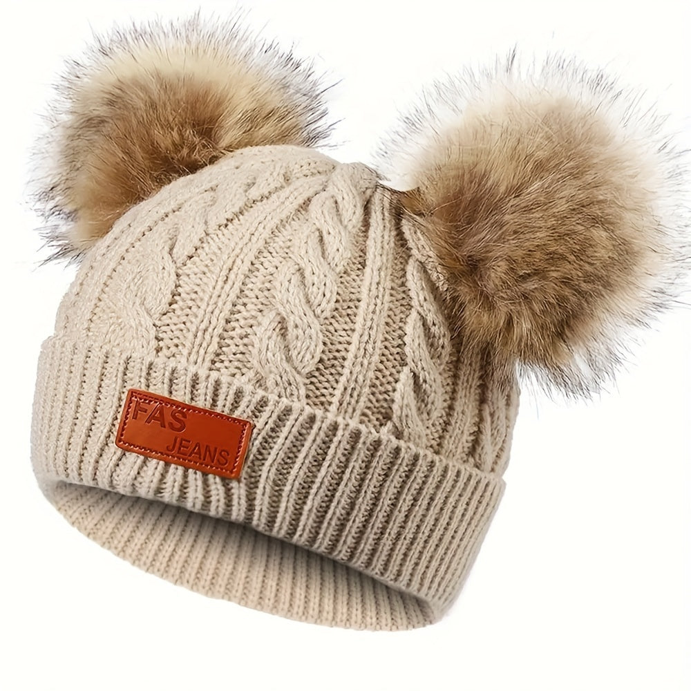 Kids Double Fur Ball Beanie Knitted Hat Autumn Winter Warm Ear Protection