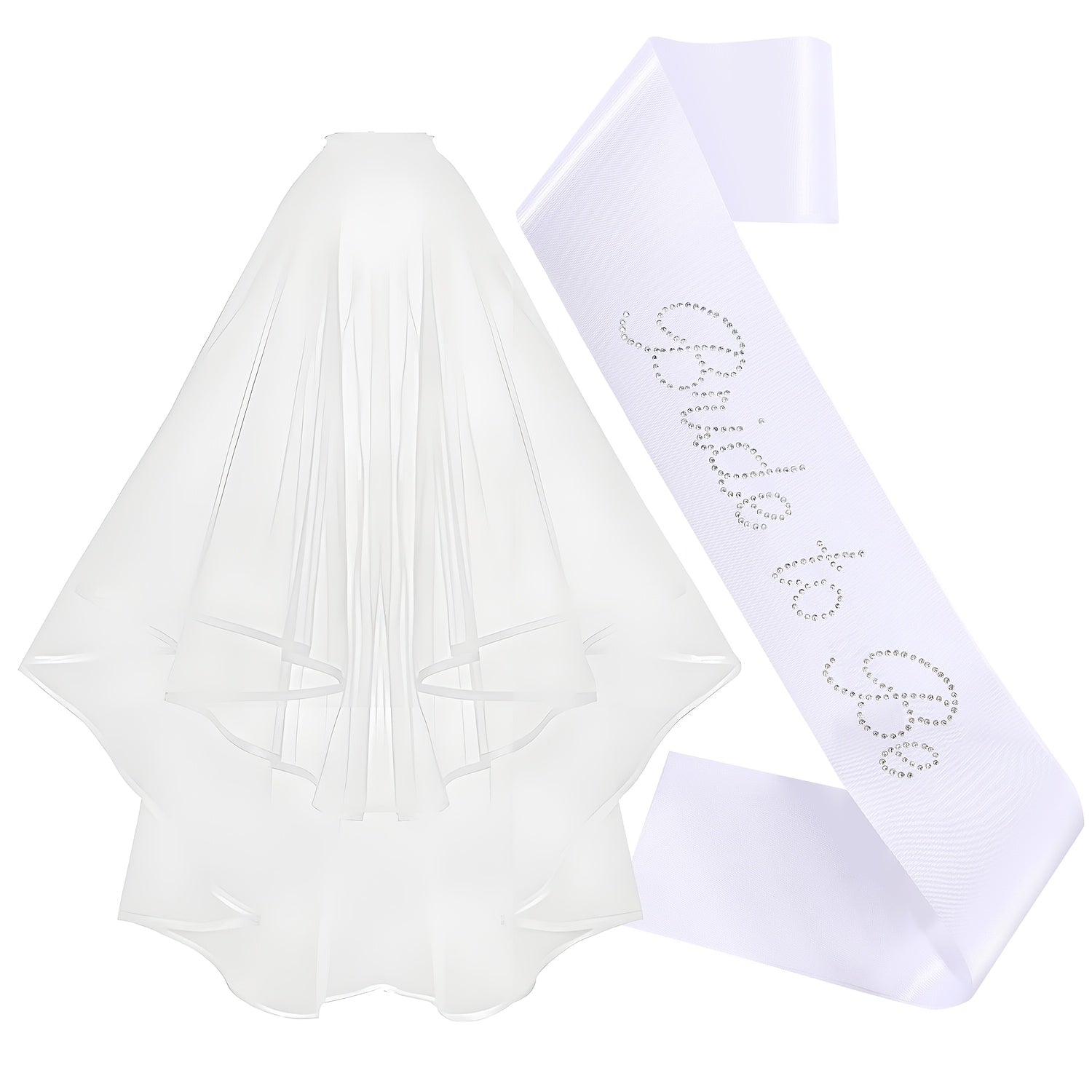 Bridal Veil Set & Bride to Be Sash Wedding Gown w/ Rhinestone Accents