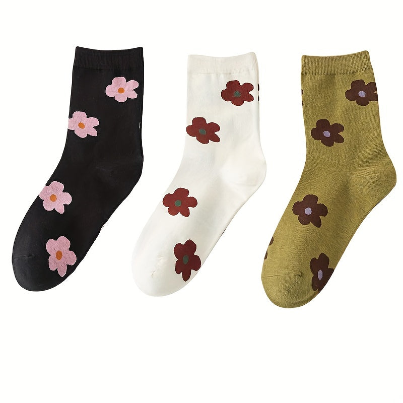 3 Pairs Floral Print Socks Comfy & Breathable Women's Mid Tube Stockings