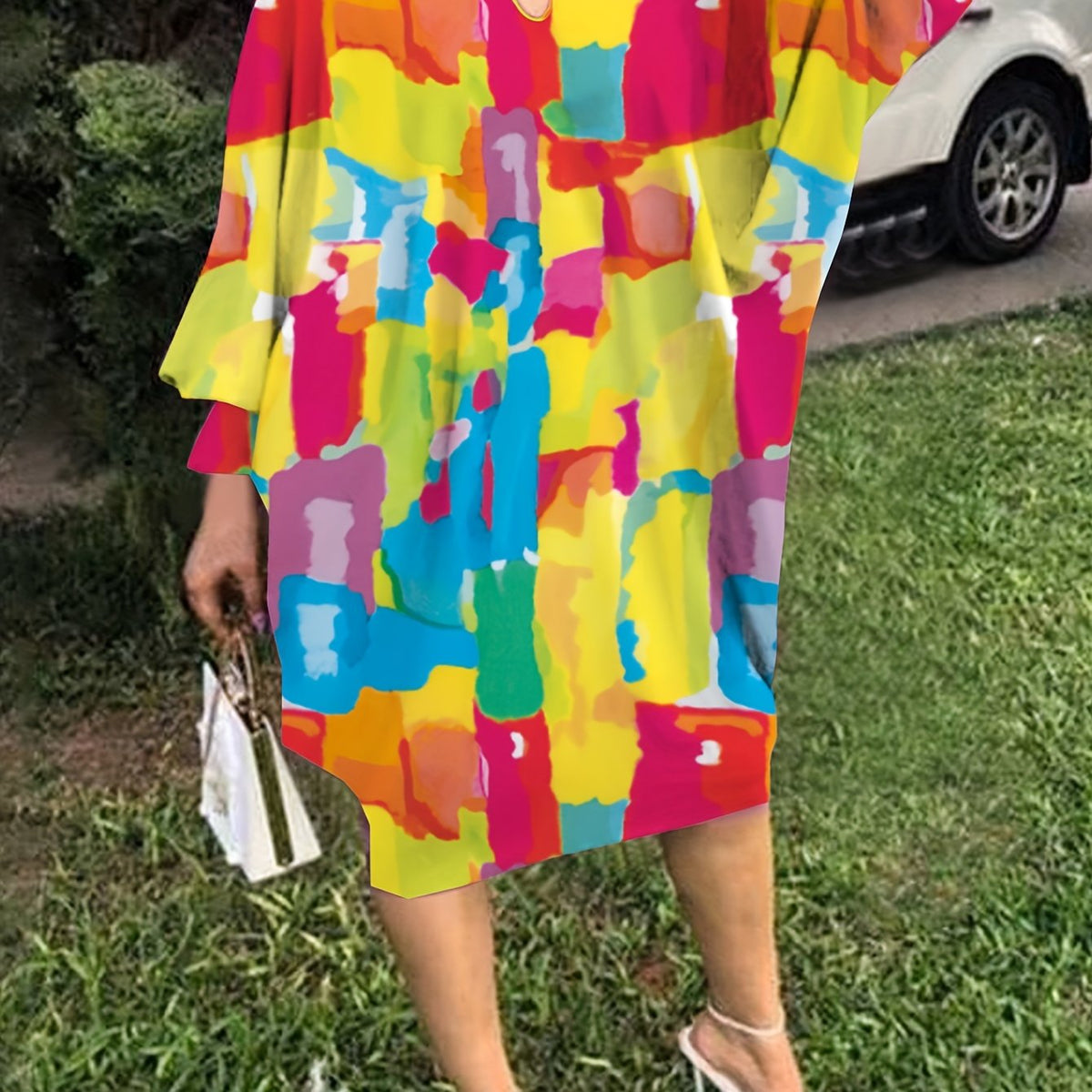  Allover Print Lantern Sleeve Loose Fit Dress