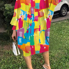  Allover Print Lantern Sleeve Loose Fit Dress