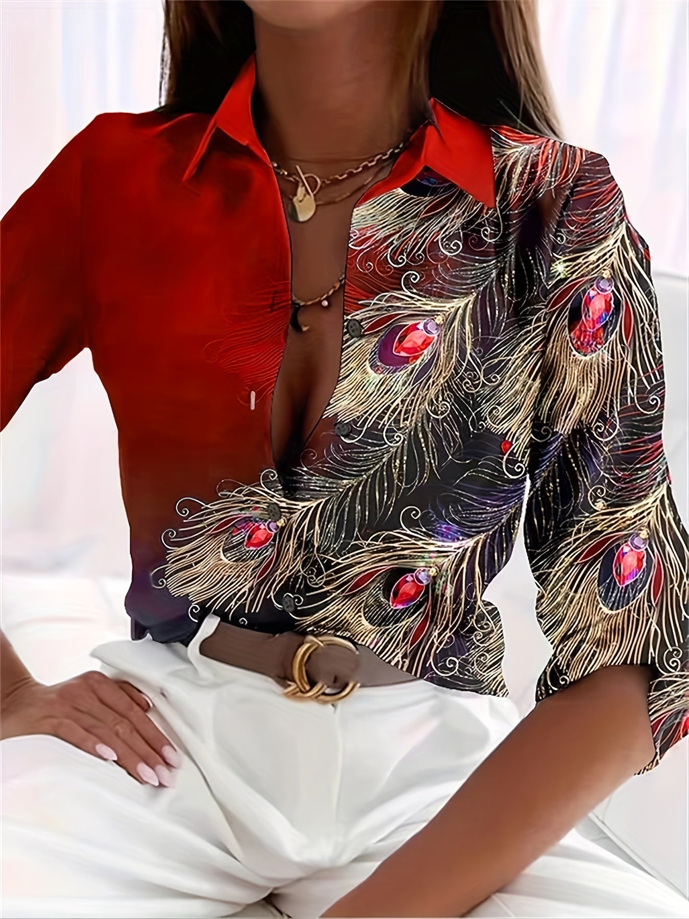  Feather Print Button Up Long Sleeve Blouse