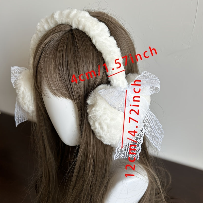 Japanese Style Winter Ear Muffs Fluffy Bow & Lace Trim Ear Warmers