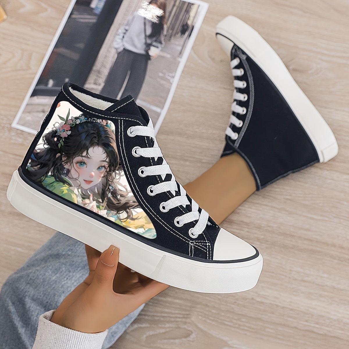 Anime Girl Print Plush Lined Chunky Canvas Sneakers