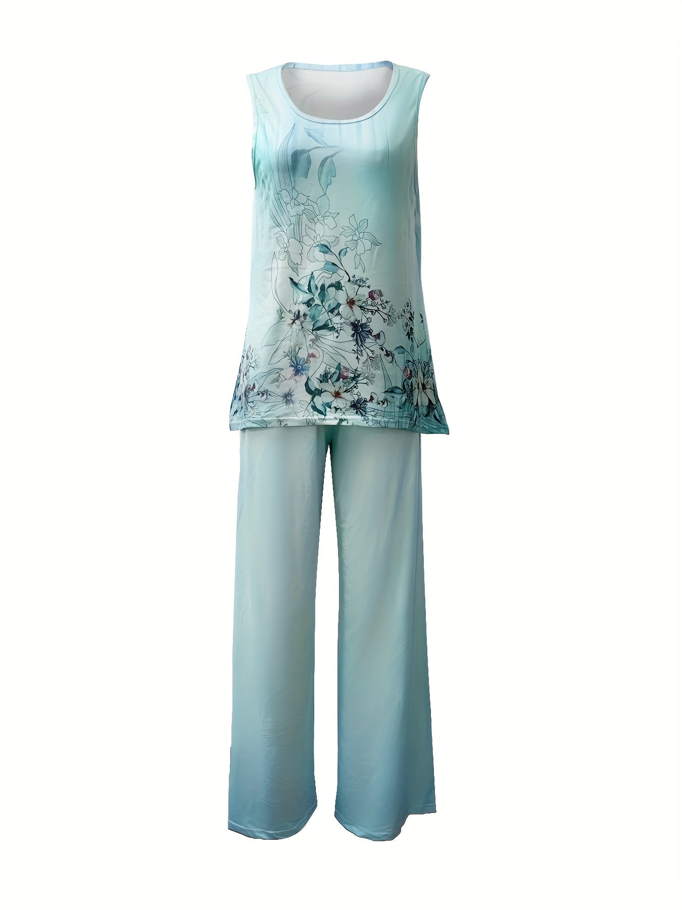 Floral Print Tank Top & Ombre Wide Leg Pants Set