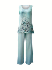Floral Print Tank Top & Ombre Wide Leg Pants Set