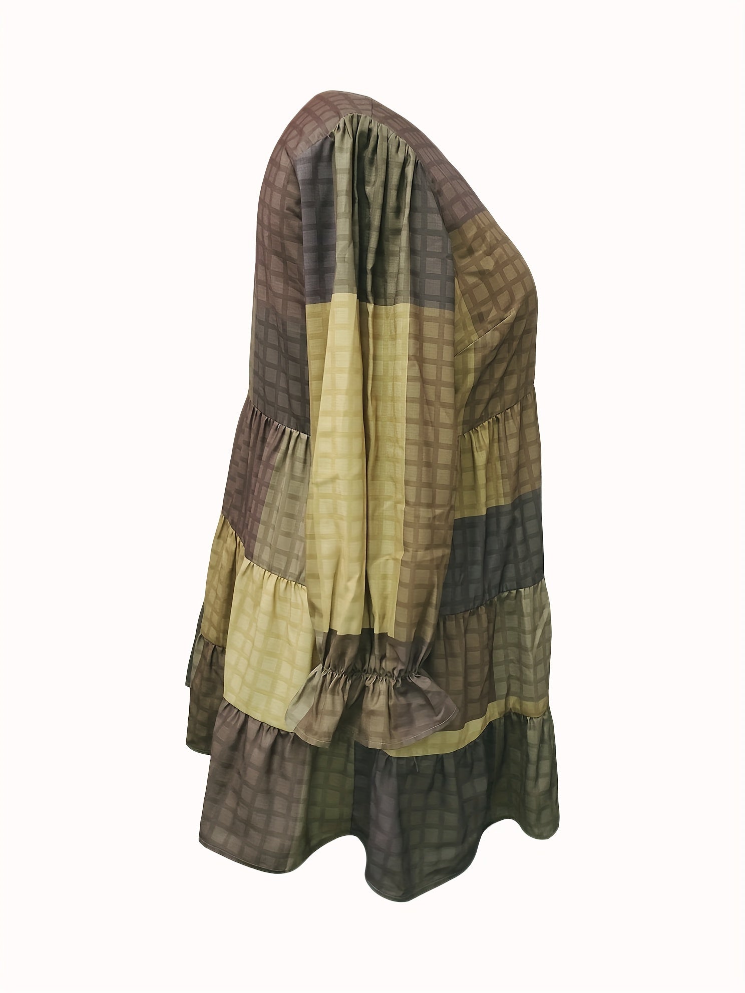  Colorblock Grid Print Lantern Sleeve Smock Dress
