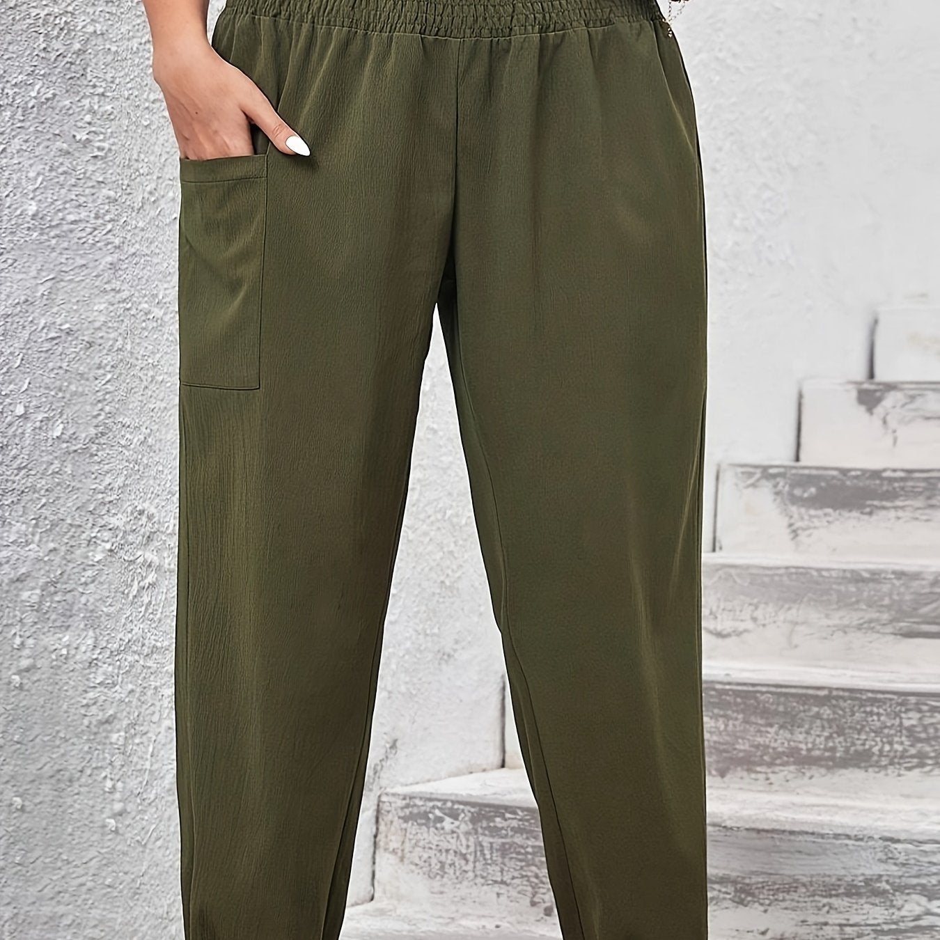  Solid Shirred Waist Jogger Trousers With Pockets