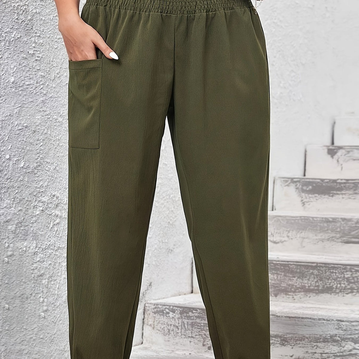  Solid Shirred Waist Jogger Trousers With Pockets