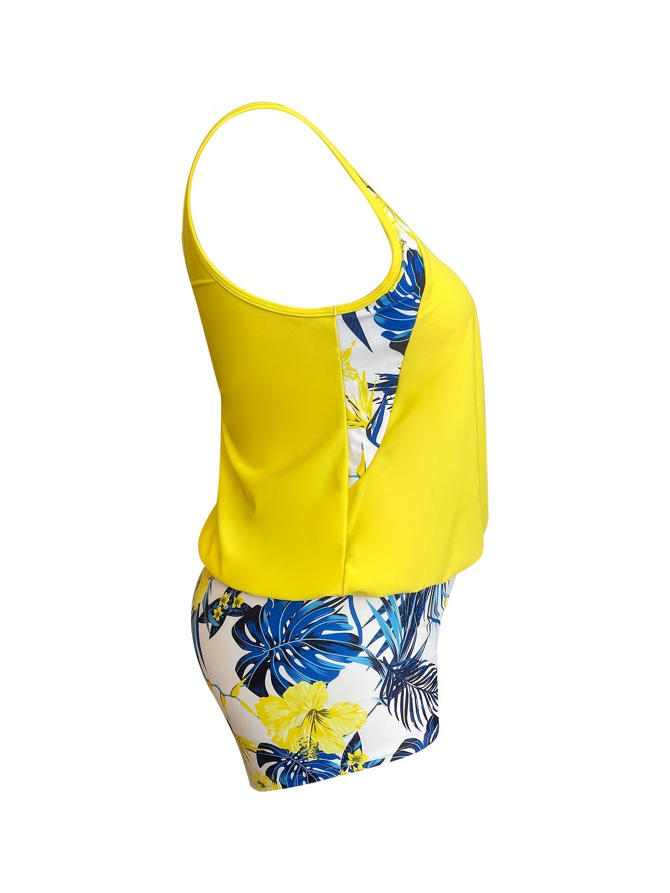  Colorblock Tankini Set Tropical Print Round Neck Swimsuit 2-Piece