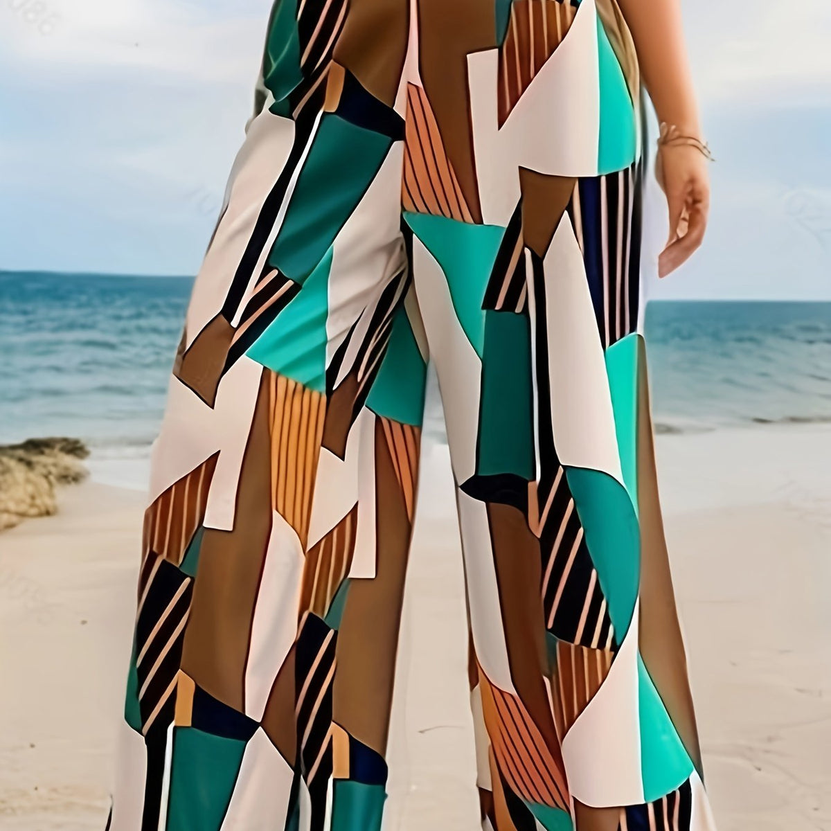  Colorblock Geometric Print Wide Leg Pants With Pockets