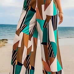  Colorblock Geometric Print Wide Leg Pants With Pockets