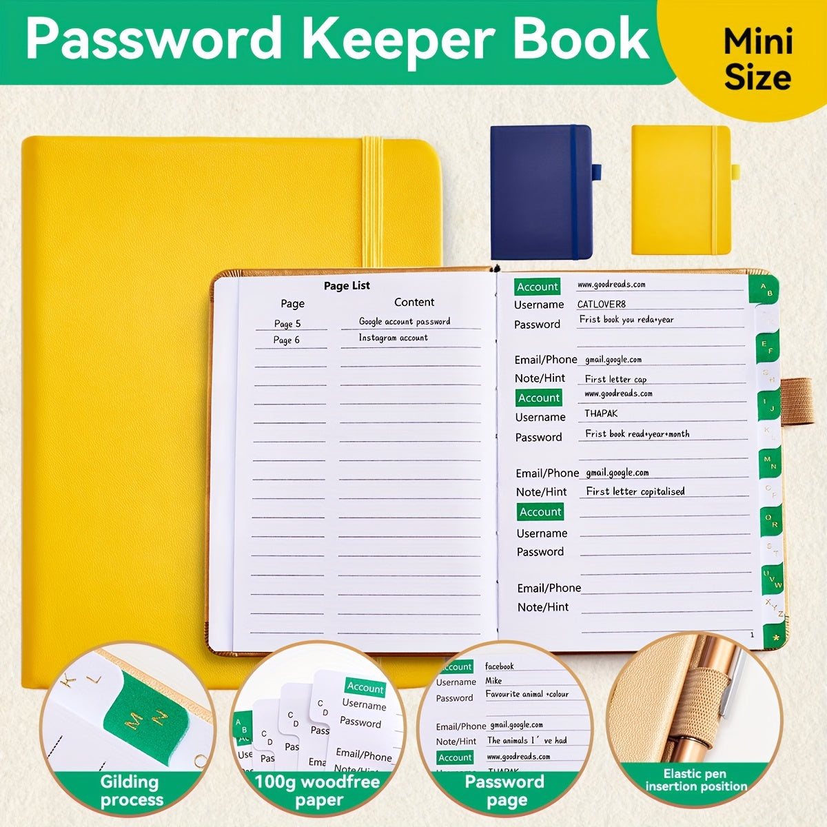 Mini Pocket Password Keeper with Alphabetical Tabs 4.7x6.1