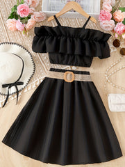 Girl's Off Shoulder Ruffle Camisole & Flared Skirt Set - Summer Outfits