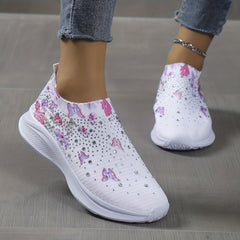Floral Butterfly Sneakers Rhinestone Decor Slip On Knit Sock Shoes