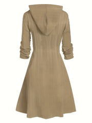  Solid Cable Cut Out Long Sleeve Hooded A line Dress